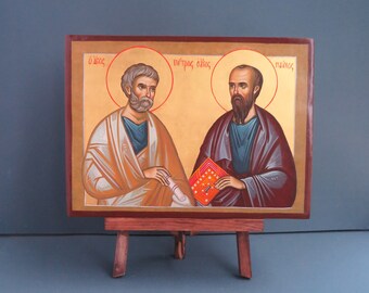 Hand Painted Saint Peter and Paul Icon, Byzantine Orthodox Art