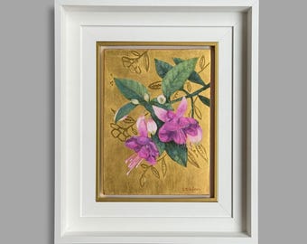Original Malerei, Blattgold, Violet Fuchsia Blume Kunstwerk, Ei Tempera Kunst, Gerahmt Floral Luxus Gemälde