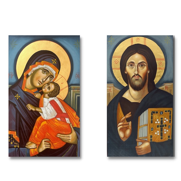Ensemble de deux icônes peintes à la main, icône de la Vierge Marie, Mère de Dieu, Jésus-Christ, icône du Christ, icônes peintes à la main, icônes orthodoxes, icônes de mariage