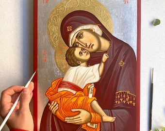 Hand Painted Theotokos Icon, Orthodox Virgin Mary Wall Art, Christian Home Iconostasis
