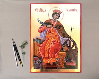 Icône Orthodoxe Sainte Catherine En Bois 15 Cm - Artisanat Religieux Fait Main