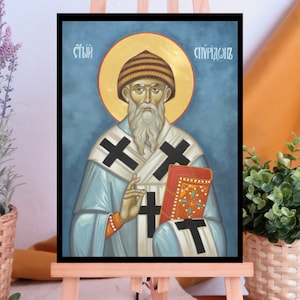 Hand painted Orthodox icon of Saint Spyridon, Byzantine icon, Christian Iconography, Egg Tempera on Wood
