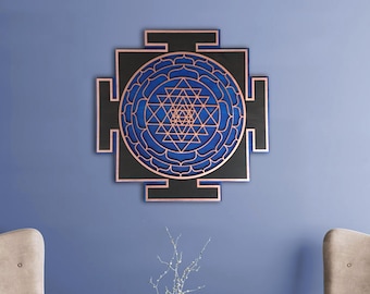 Arte de pared azul Sri Yantra, corte láser, geometría sagrada, Sri Chakra, Shree Yantra, Shri Yantra, colgante de pared Sri Chakra