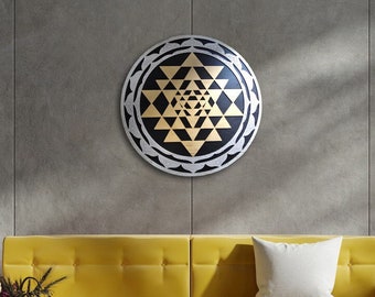With motif Sri Yantra Wall Art  Laser Cut Sacred Geometry Meditation Symbol Sri Chakra Shri Yantra, Sri Chakra Wall Hanging - Black-Gold