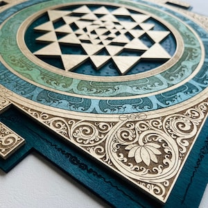 Sri Yantra Wall Art  Laser Cut, Sacred Geometry, Wood Yantra, Sri Chakra, Shree Yantra, Green Gold Sri Yantra, spiritual decorations