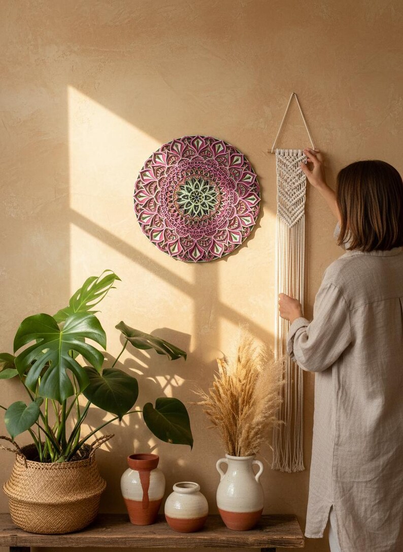 K&ouml;nnte beinhalten: Eine kreisf&ouml;rmige Mandala-Wanddekoration in Rosa-, Gr&uuml;n- und Braunt&ouml;nen h&auml;ngt an einer beigen Wand. Ein Makramee-Wandbehang und eine Frau sind ebenfalls zu sehen. Eine Monstera-Pflanze in einem geflochtenen Korb und Vasen mit getrockneten Pflanzen stehen auf einem Holzregal.