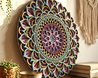 Kleurrijke houten mandala met meerdere lagen - lasergesneden muurkunst