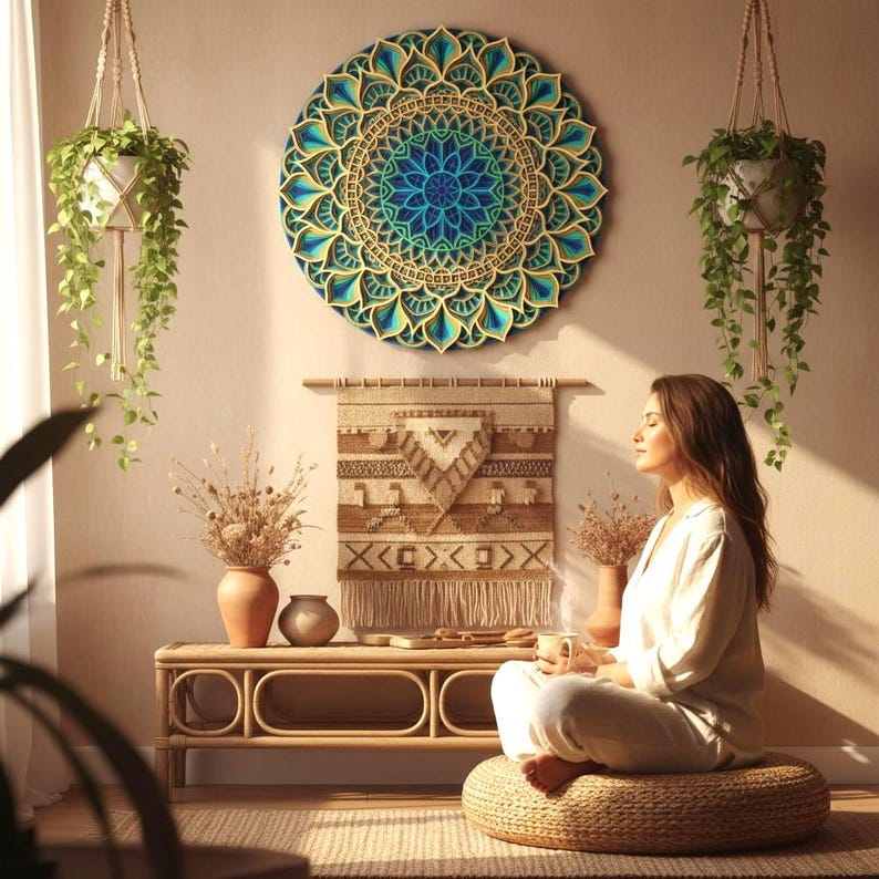 Gelaagde houten mandala muurkunst – Kleurrijk geometrisch decor afbeelding 1
