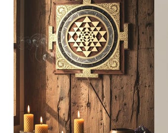 Sri Yantra Wall Art, Brown Gold Sacred Geometry Wooden Mandala, Anthracite & Light Gray Layered Rings, Sri Chakra Meditation Yoga Room Decor