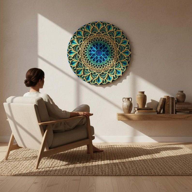 Gelaagde houten mandala muurkunst – Kleurrijk geometrisch decor afbeelding 8