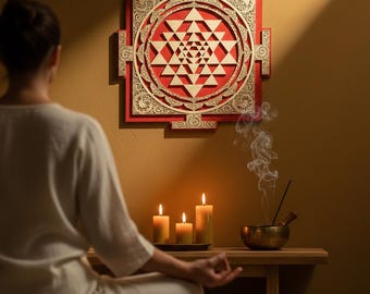 Arte mural Sri Yantra cortado a láser con geometría sagrada, símbolo de meditación, Sri Chakra, Shri Yantra, colgante de pared Sri Chakra - Rojo-dorado