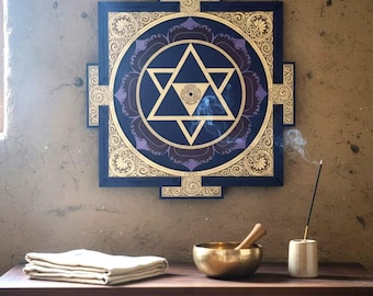 Shiva Yantra, lasergesneden wanddecoratie heilige geometrie, meditatie-altaar, paarse Shiva