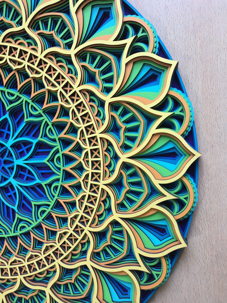 Op de afbeelding: Een kleurrijk, gelaagd papiermandala met ingewikkelde ontwerpen in tinten blauw, groen en geel. De mandala is een cirkelvormig ontwerp met een centrale bloemvorm en stralende patronen.