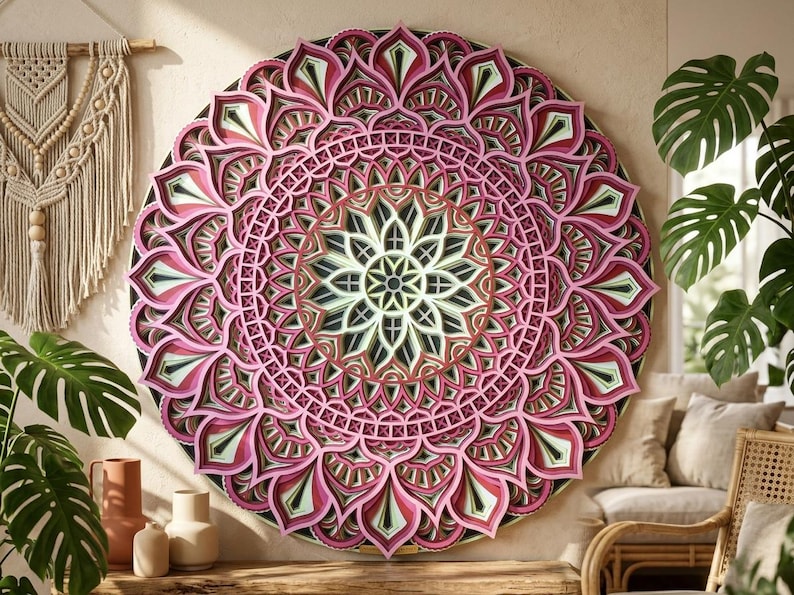 K&ouml;nnte beinhalten: Ein gro&szlig;es, mehrschichtiges Mandala-Wandkunstwerk aus Holz. Das kreisf&ouml;rmige Design weist komplizierte Muster in Rosa-, Gr&uuml;n-, Schwarz- und Wei&szlig;t&ouml;nen auf. Das Kunstwerk ist an einer neutralfarbenen Wand angebracht, mit einem Makramee-Wandbehang und Pflanzen im Hintergrund.