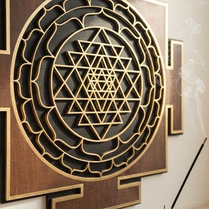 Laser Cut Sri Yantra Wall Art, Sacred Geometry, Meditation Art Brown-Black image 1