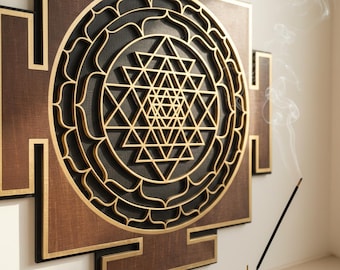 Arte mural Sri Yantra cortado con láser, geometría sagrada, arte de meditación marrón-negro