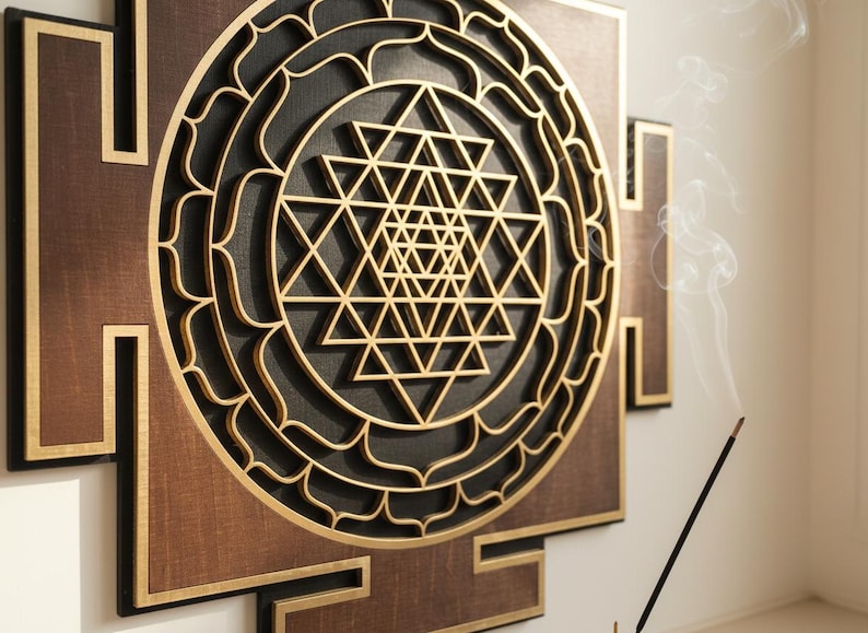 Laser Cut Sri Yantra Wall Art, Sacred Geometry, Meditation Art Brown-Black image 1