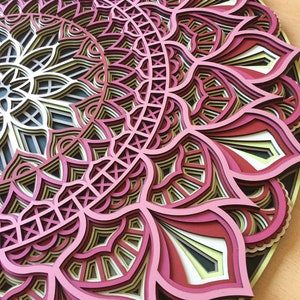 K&ouml;nnte beinhalten: Ein mehrschichtiges Mandala-Design in Rosa, Rot, Gelb und Wei&szlig;. Das kreisf&ouml;rmige Kunstwerk zeigt ein komplexes Muster aus floralen und geometrischen Formen, das einen 3D-Effekt erzeugt. Das St&uuml;ck wird auf einer hellen Oberfl&auml;che pr&auml;sentiert.