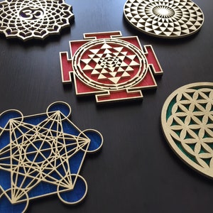 Sacred Geometry Wooden Magnets, Sri Yantra, Torus, Metatron Cube, Flower Life, Om, Yoga Studio Decor, Spiritual Decorations