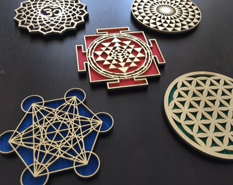 Sacred Geometry Wooden Magnets, Sri Yantra, Torus, Metatron Cube, Flower Life, Om