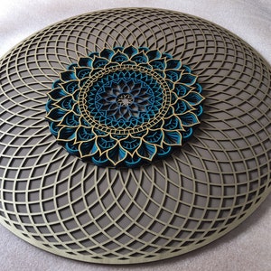 Multilayer wood torus mandala,Geometric Wood Wall Art, Sacred Geometry, Primary colors Gold-Aqua-Turquoise