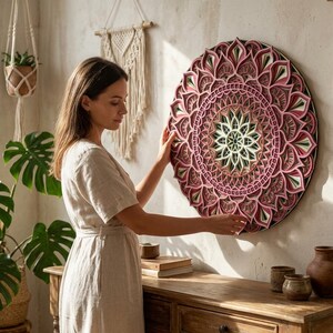 K&ouml;nnte beinhalten: Eine Person h&auml;lt ein gro&szlig;es, rundes, mehrschichtiges Holz-Mandala. Das Kunstwerk zeigt ein Blumenmuster in Rosa-, Gr&uuml;n- und Braunt&ouml;nen. Das komplizierte Design wird in einem Raum mit nat&uuml;rlichem Licht ausgestellt. Der Durchmesser des Mandalas betr&auml;gt ca. 60 cm.