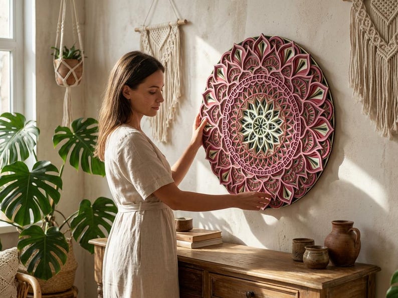 K&ouml;nnte beinhalten: Eine Person h&auml;lt ein gro&szlig;es, rundes, mehrschichtiges Holz-Mandala. Das Kunstwerk zeigt ein Blumenmuster in Rosa-, Gr&uuml;n- und Braunt&ouml;nen. Das komplizierte Design wird in einem Raum mit nat&uuml;rlichem Licht ausgestellt. Der Durchmesser des Mandalas betr&auml;gt ca. 60 cm.