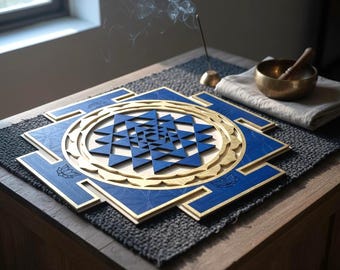 Blue Sri Yantra Wall Art, Laser Cut Sacred Geometry, Yoga Decor