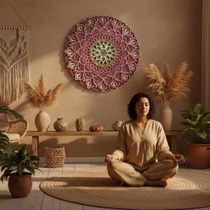 K&ouml;nnte beinhalten: Eine Frau meditiert in einem sonnendurchfluteten Raum mit einem gro&szlig;en, runden, rosa und gr&uuml;nen Mandala-Wandbild. Der Raum verf&uuml;gt &uuml;ber Pflanzen, einen gewebten Teppich und einen Makramee-Wandbehang, wodurch eine ruhige und nat&uuml;rliche Atmosph&auml;re entsteht.