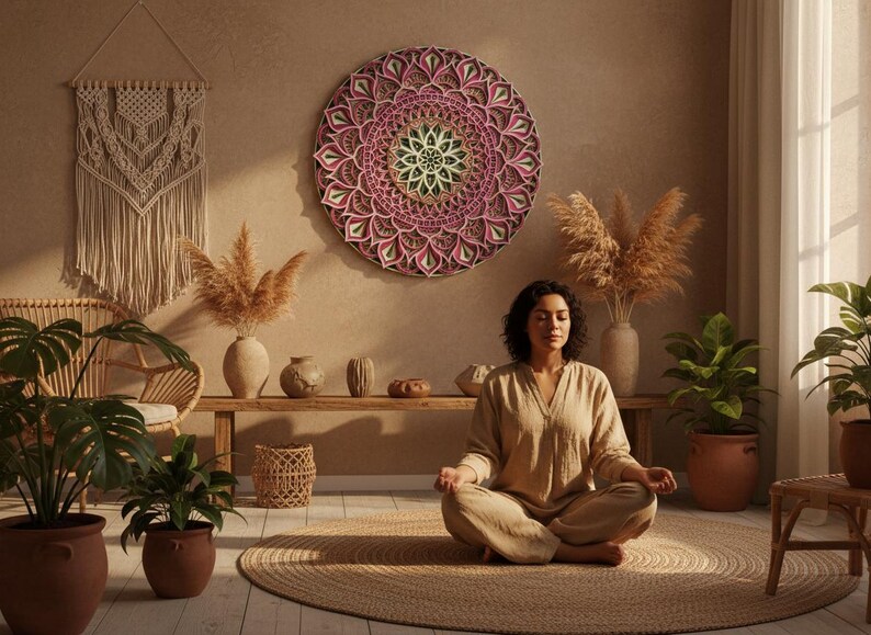 K&ouml;nnte beinhalten: Eine Frau meditiert in einem sonnendurchfluteten Raum mit einem gro&szlig;en, runden, rosa und gr&uuml;nen Mandala-Wandbild. Der Raum verf&uuml;gt &uuml;ber Pflanzen, einen gewebten Teppich und einen Makramee-Wandbehang, wodurch eine ruhige und nat&uuml;rliche Atmosph&auml;re entsteht.
