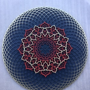 Multilayer wood torus mandala,Geometric Wood Wall Art, Primary colors Gray-Gold-Red