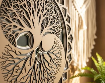 Yin Yang levensboom-mandala, gelaagde houten muurkunst