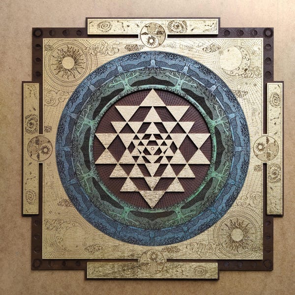 Arte mural de geometría sagrada Sri Yantra: mandala de madera multicapa con diseño de sol y luna cósmica, decoración espiritual para el hogar.