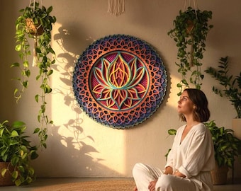 Lotusbloem-mandala, gekleurde houten muurkunst, lasergesneden
