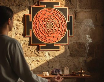 Laser Cut Orange Sri Yantra Wall Art, Sacred Geometry Decor