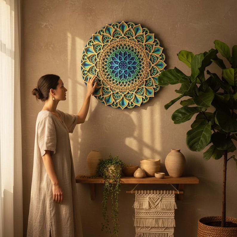 Gelaagde houten mandala muurkunst – Kleurrijk geometrisch decor afbeelding 4