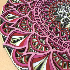 K&ouml;nnte beinhalten: Ein mehrschichtiges, kreisf&ouml;rmiges Mandala-Kunstwerk. Das Design zeigt komplizierte Blumenmuster in Rosa, Rot, Wei&szlig; und Schwarz. Das Kunstwerk besteht aus mehreren Schichten, wodurch ein 3D-Effekt entsteht.