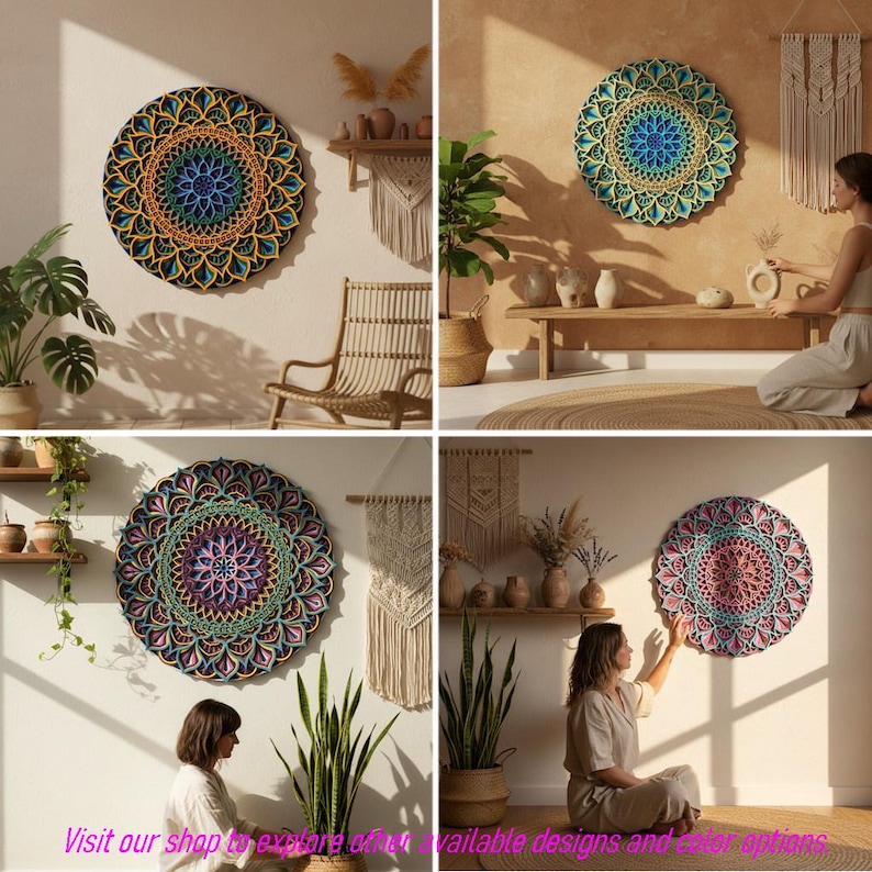 Gelaagde houten mandala muurkunst – Kleurrijk geometrisch decor afbeelding 11