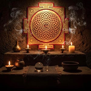 Wood Torus Yantra Mandala, Geometric Sacred Wall Art Decor, Gold & Burgundy