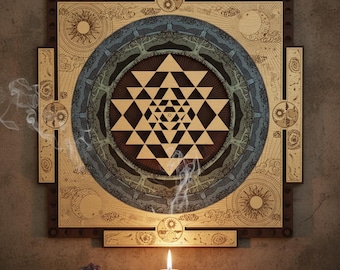 Sri Yantra Sacred Geometry Wall Art – Multilayer Wooden Mandala, Cosmic Sun Moon Design, Spiritual Home Decor
