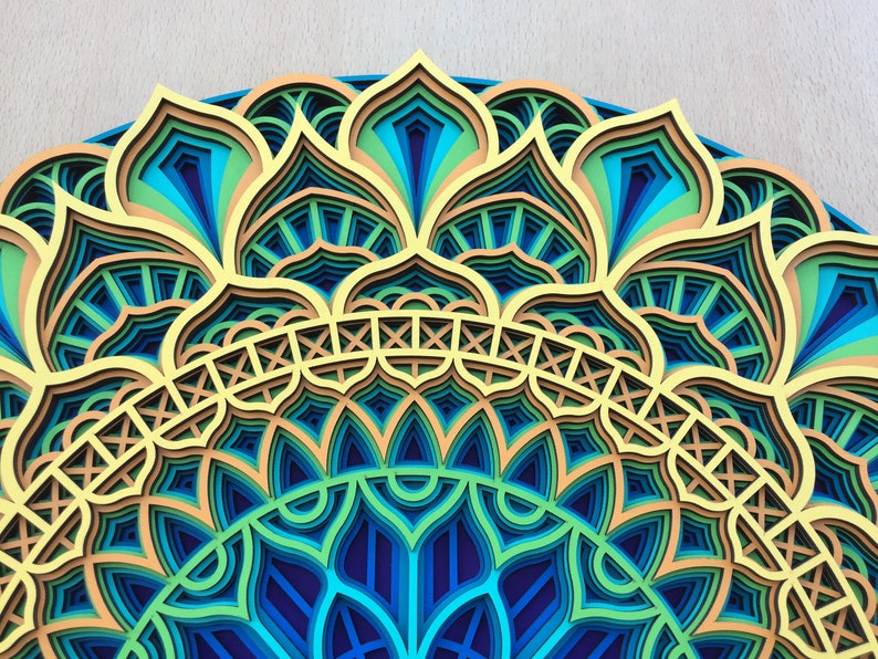 Op de afbeelding: Een kleurrijk mandala-ontwerp met ingewikkelde lagen van gesneden papier in tinten blauw, groen en geel. Het ontwerp heeft een herhalend patroon van bloemvormige vormen.