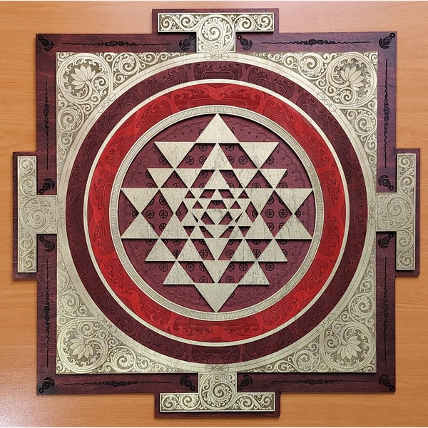 Arte mural Sri Yantra cortado con láser, geometría sagrada, Yantra de madera Sri Chakra Shree Yantra, Sri Yantra rojo burdeos, altar de meditación