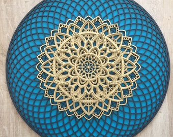 Türkis Holz Mandala Wandkunst, Gold Torus, Heilige Geometrie