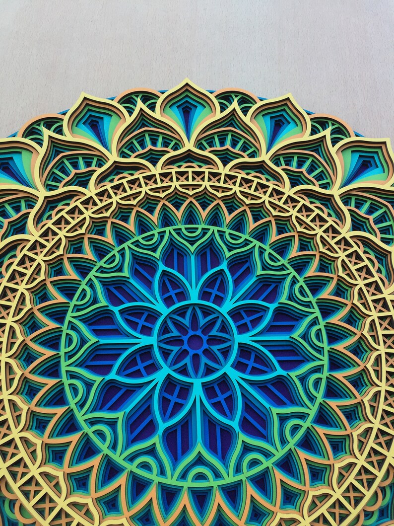 Op de afbeelding: Een kleurrijk, gelaagd papiermandala met ingewikkelde patronen in tinten blauw, groen, geel en oranje. De mandala is een cirkelvormig ontwerp met een centraal bloemenmotief.
