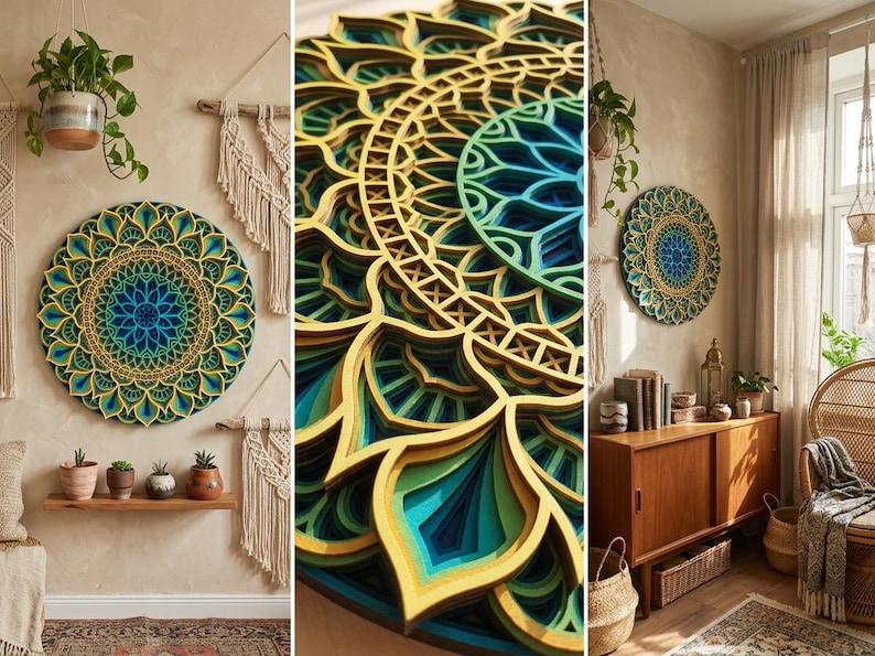 Gelaagde houten mandala muurkunst – Kleurrijk geometrisch decor afbeelding 3