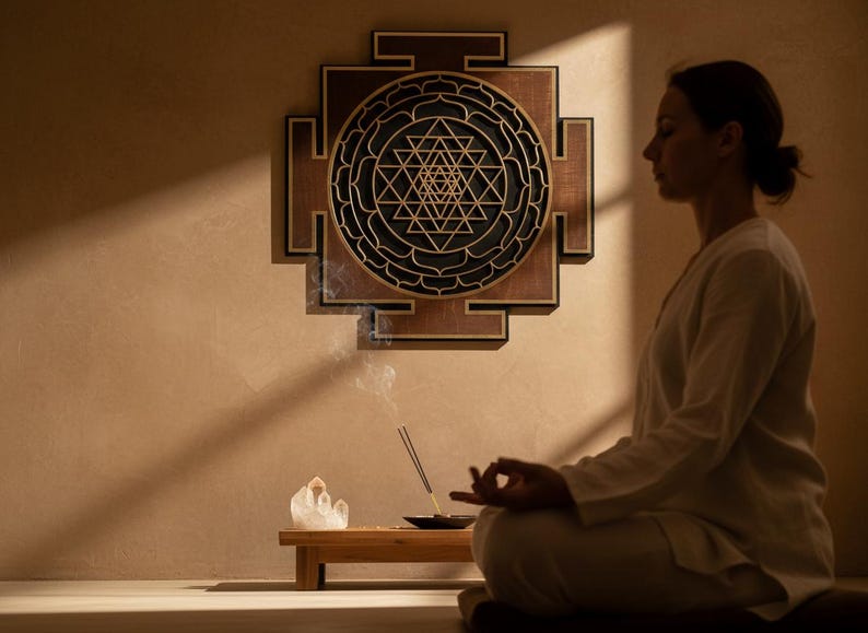 Laser Cut Sri Yantra Wall Art, Sacred Geometry, Meditation Art Brown-Black image 5