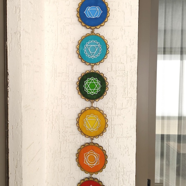 Arte mural de chakras, geometría sagrada, equilibrio energético de los chakras en madera