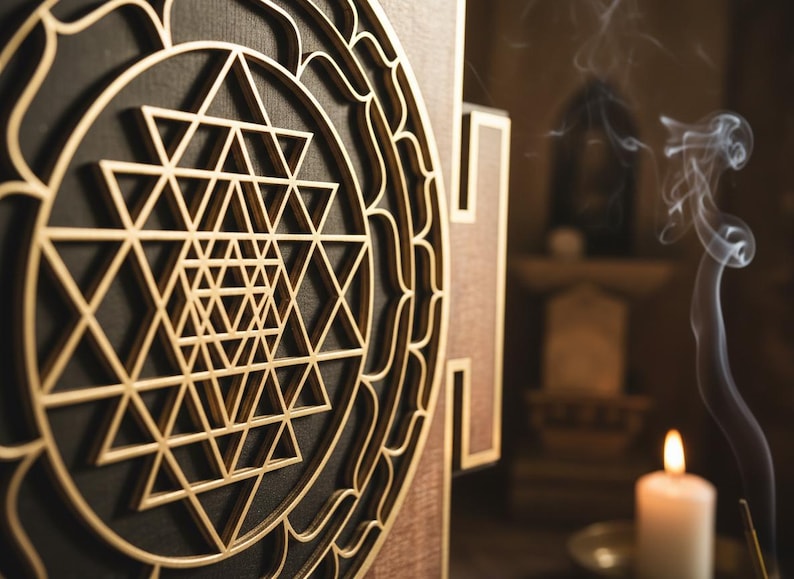 Laser Cut Sri Yantra Wall Art, Sacred Geometry, Meditation Art Brown-Black image 4