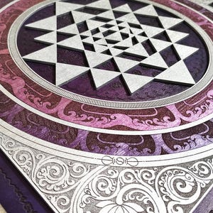 Sri Yantra Wall Art  Laser Cut, Sacred Geometry, Sri Chakra, Shree Yantra, Shri Yantra, Purple Gold Sri Yantra, yoga studio decor