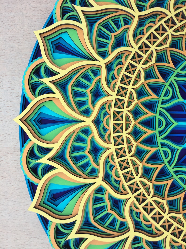 Op de afbeelding: Een groot, ingewikkeld mandala-ontwerp gemaakt van gelaagd papier. De mandala is in een cirkelvorm uitgesneden en heeft een verscheidenheid aan geometrische patronen in tinten blauw, groen en geel.